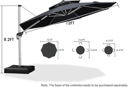 12 Feet Double Top round Deluxe Patio Umbrella Offset Hanging Umbrella Outdoor Market Umbrella Garden Umbrella, Grey