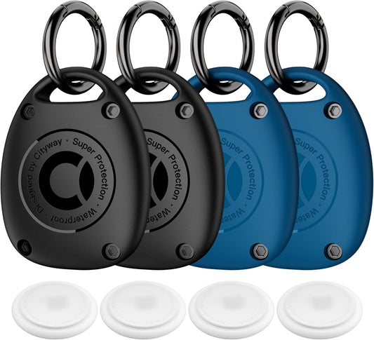 (4 Pack) for Airtag Keychain Holder Case | IPX8 Waterproof, Ultra-Compact | Portable Air Tag Holder Cover for Backpack, Keys, Luggage - 2 Black/2 Blue