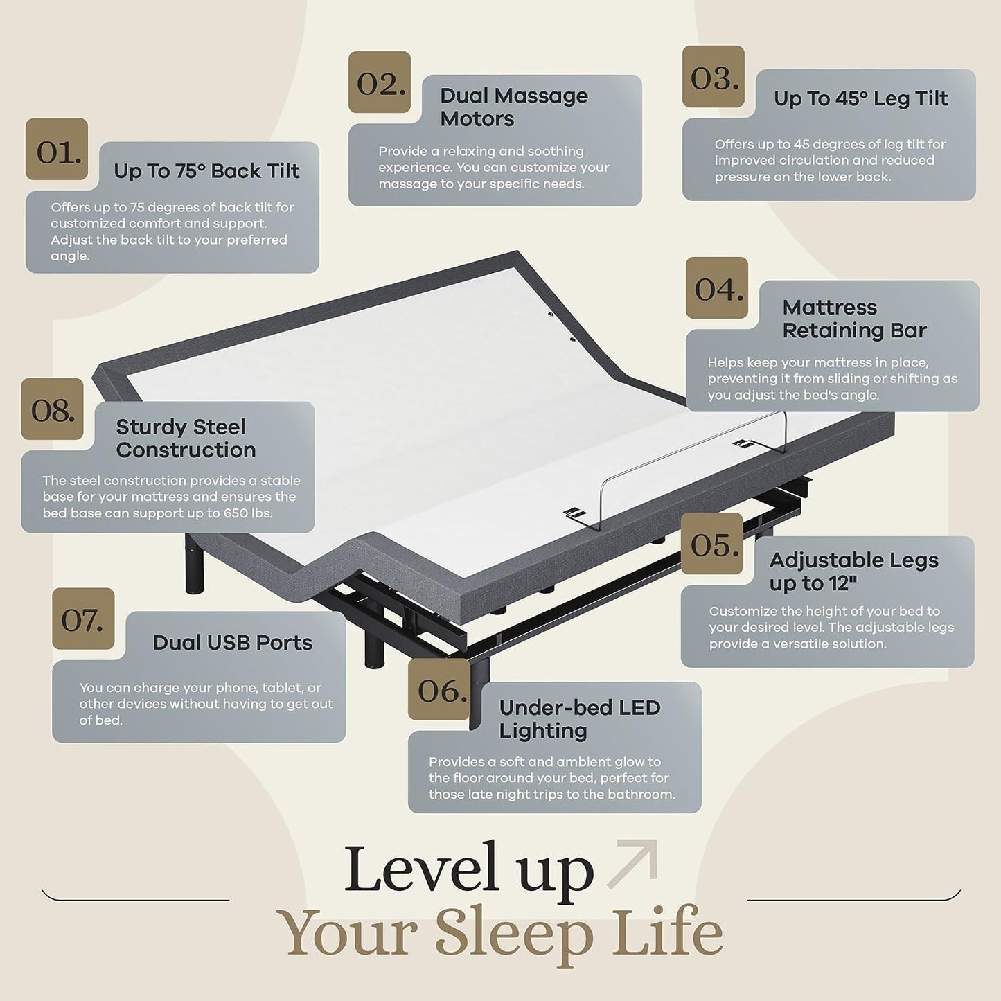 Classic Adjustable Bed Base, Head and Foot Lift, Massage, Under-Bed Lights, USB, Gel Memory, Zero Gravity Smart Frame - King