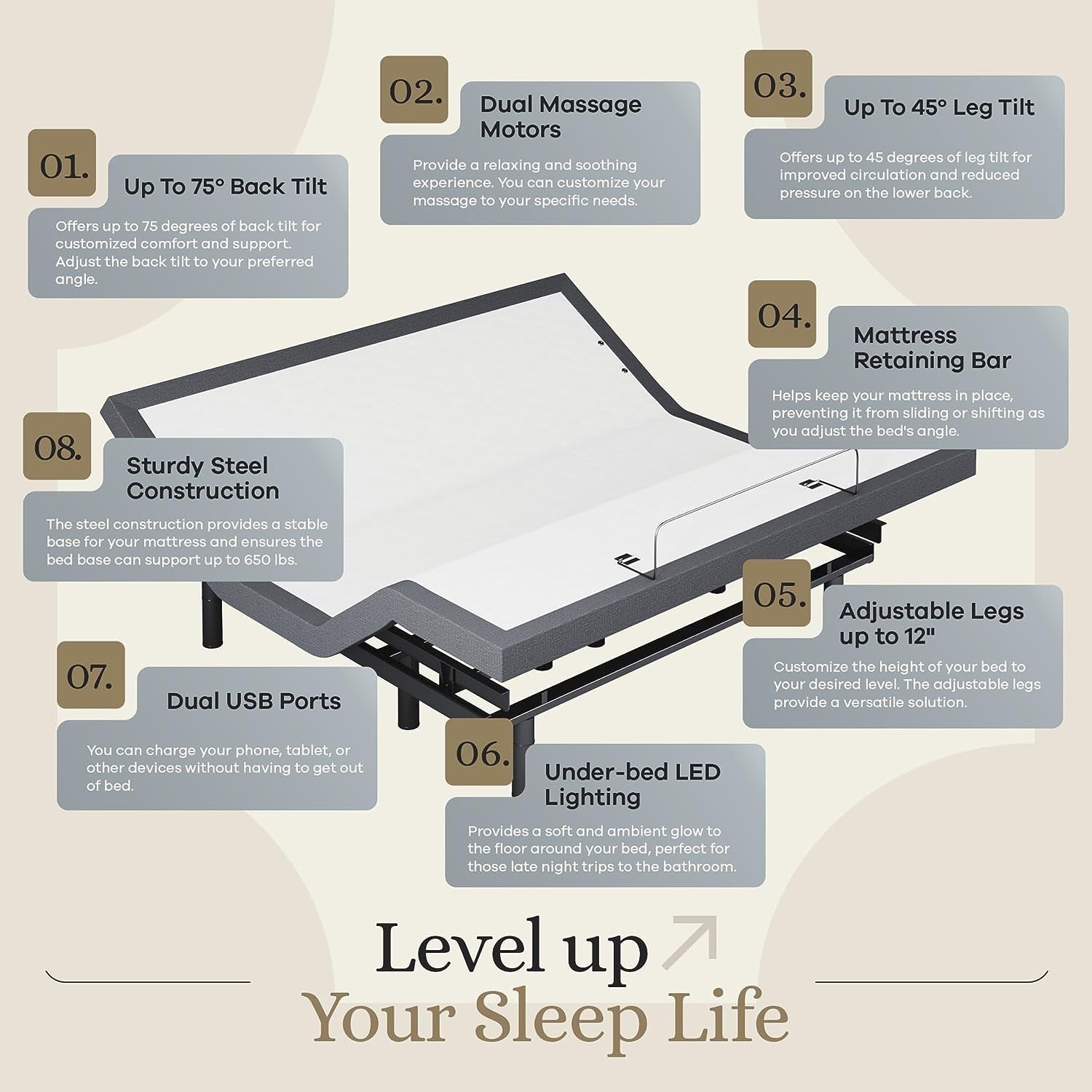 Classic Adjustable Bed Base, Head and Foot Lift, Massage, Under-Bed Lights, USB, Gel Memory, Zero Gravity Smart Frame - King