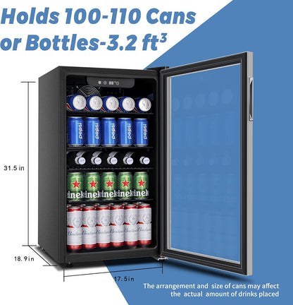 90 Can Beverage Refrigerator Cooler, Mini Fridge Glass Door for Beer Drinks Wines, Freestanding Beverage Fridge with Adjustable Shelves.