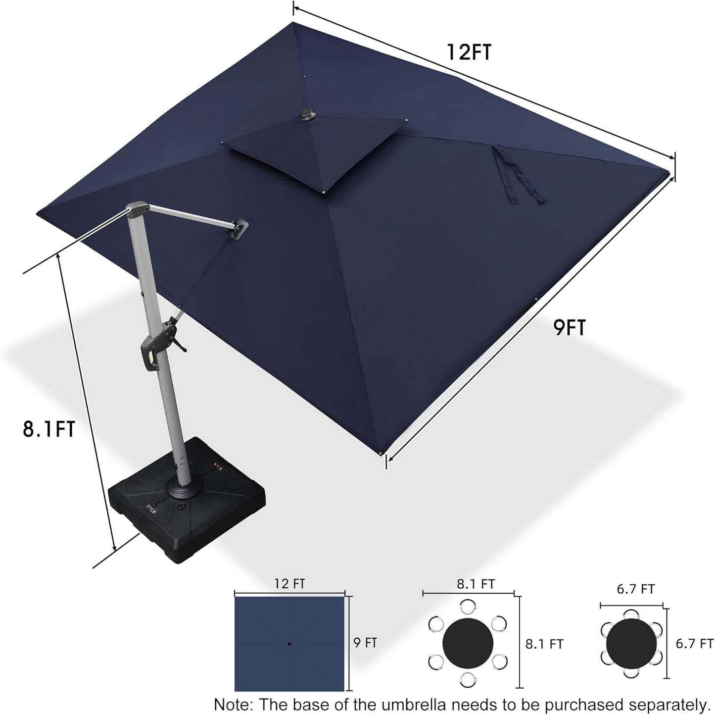 9' X 12' Patio Umbrella - Rectangle, Cantilever, Windproof, Heavy Duty Sun Umbrella for Garden, Deck, Pool, Patio - Navy Blue