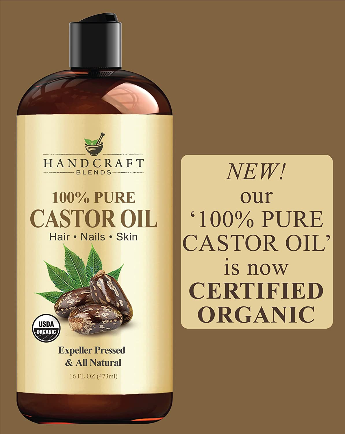 Organic Castor Oil - 16 Fl Oz - 100% Pure and Natural - Premium Grade Carrier Oil for Hair Growth, Eyelashes and Eyebrows - Hair and Body - Expeller-Pressed & Hexane-Free