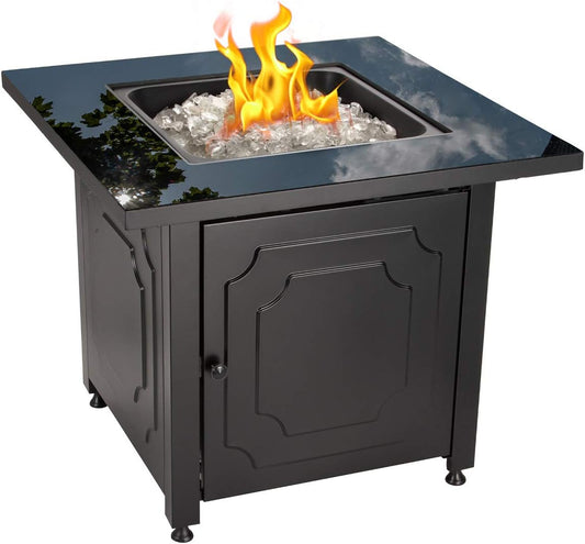 30" Outdoor Propane Gas Black Glass Top Fire Pit (White Fire Glass)