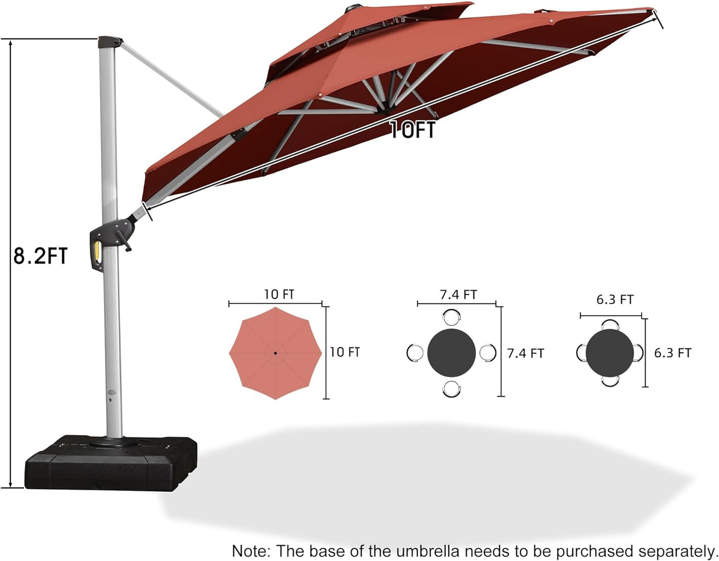 10 Feet Patio Umbrella Outdoor round Umbrella Large Cantilever Umbrella Windproof Offset Umbrella Heavy Duty Sun Umbrella for Garden Deck Pool Patio, Brick Red