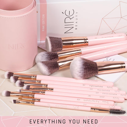 Beauty 15Piece Award Winning Pink Makeup Brushes: Pink Makeup Brush Set with Case, Makeup Sponge, Brush Cleaner, Guide, Gift Box