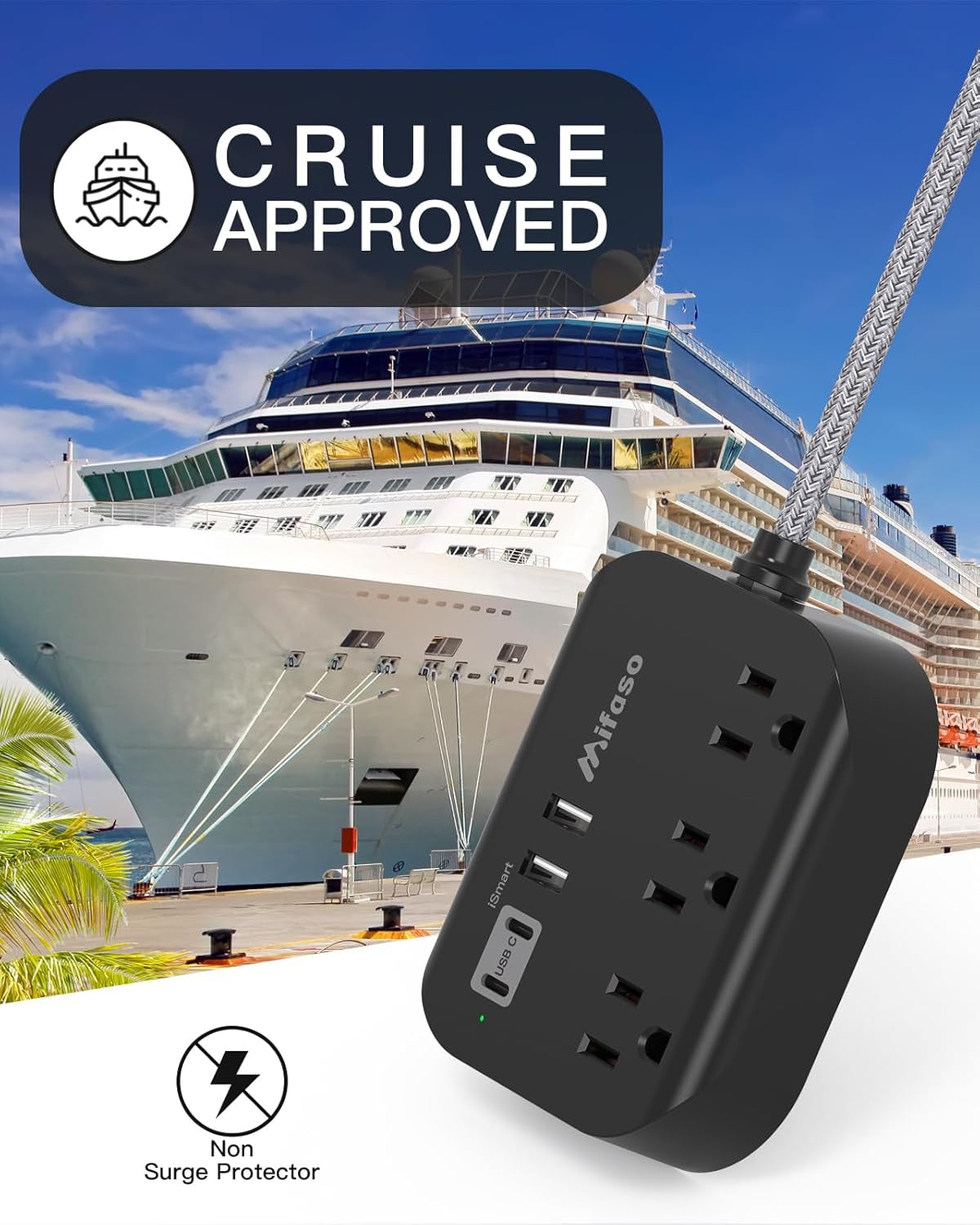 Cruise Ship Essentials - Power Strip with USB, Mountable Flat Plug Power Strip with 3 Outlets 4 USB Ports(Smart 3.1A), 5Ft Braided Extension Cord, Compact for Cruise Ship, Travel, Home, Dorm