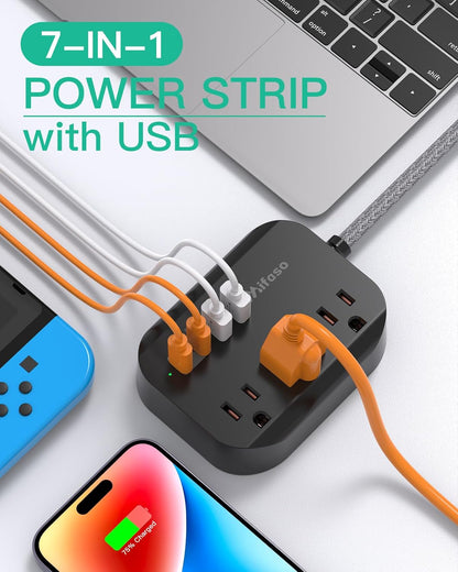 Cruise Ship Essentials - Power Strip with USB, Mountable Flat Plug Power Strip with 3 Outlets 4 USB Ports(Smart 3.1A), 5Ft Braided Extension Cord, Compact for Cruise Ship, Travel, Home, Dorm