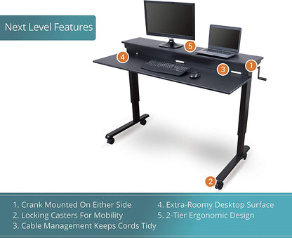 Crank Adjustable Two Tier Standing Desk with Heavy Duty Steel Frame (Black Frame/Black Top, 48" Wide)