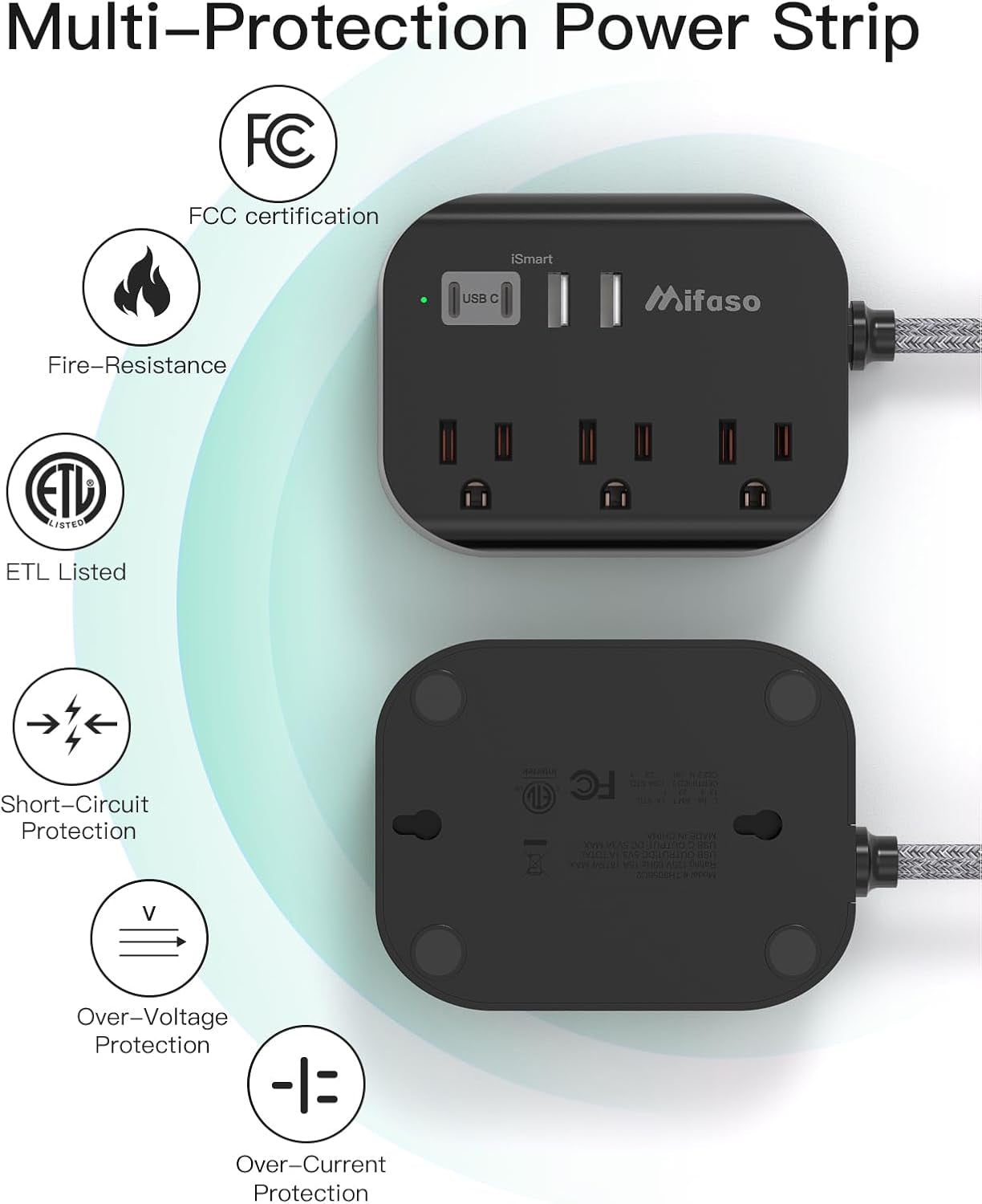 Cruise Ship Essentials - Power Strip with USB, Mountable Flat Plug Power Strip with 3 Outlets 4 USB Ports(Smart 3.1A), 5Ft Braided Extension Cord, Compact for Cruise Ship, Travel, Home, Dorm