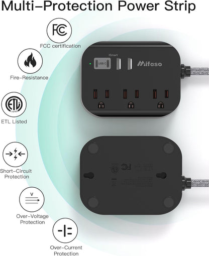 Cruise Ship Essentials - Power Strip with USB, Mountable Flat Plug Power Strip with 3 Outlets 4 USB Ports(Smart 3.1A), 5Ft Braided Extension Cord, Compact for Cruise Ship, Travel, Home, Dorm